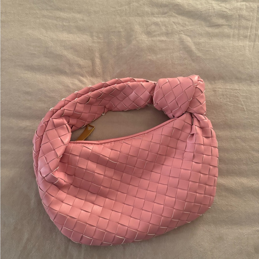 Pink Woven Shoulder Bag - Stylish Knot Handle